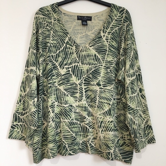 Mercer & Madison Silk Blend Green Foliage Print V-Neck 3/4 Long Sleeve Sweater - Picture 1 of 14